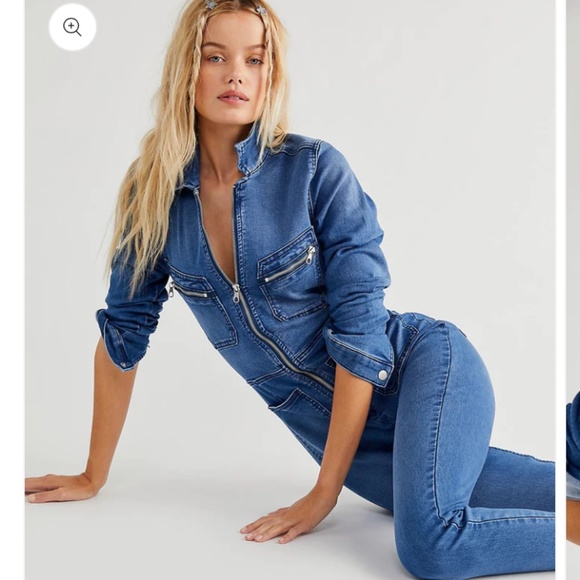 Free People Pants - FP Lennox Racer Jumpsuit Utility Jean Denim Zip zip M Med Pockets